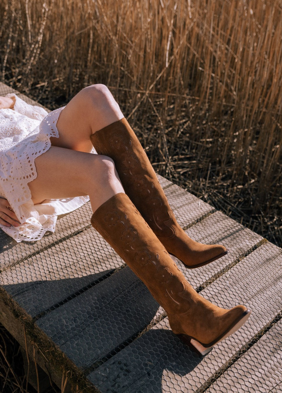 high suede flower boots brown