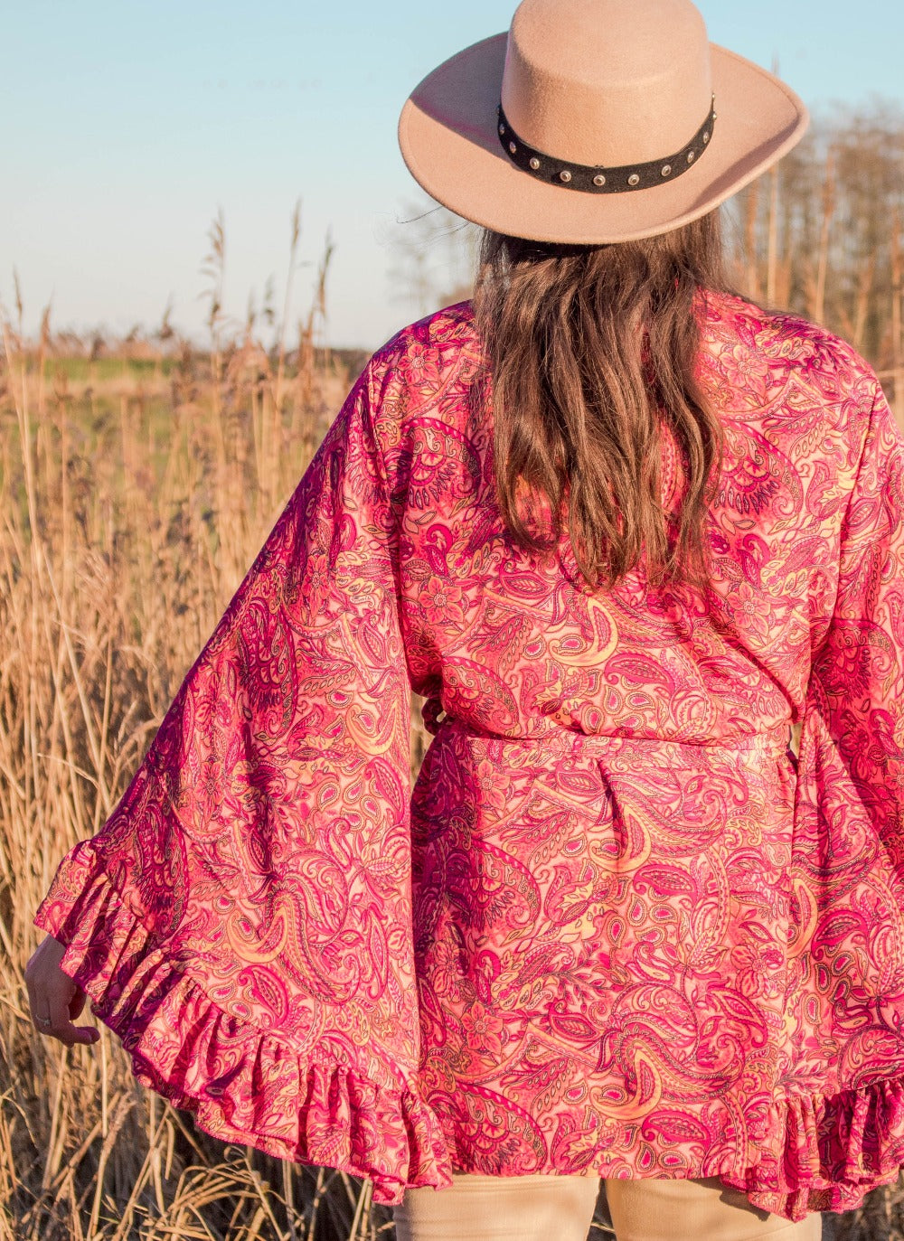 Pink silk bell sleeve kimono
