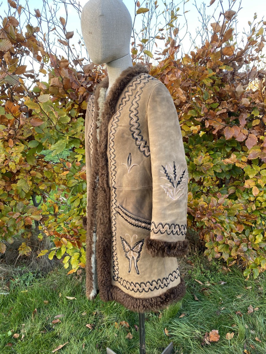 Vintage Afghan Sheepskin Coat with Butterflies Dandelie