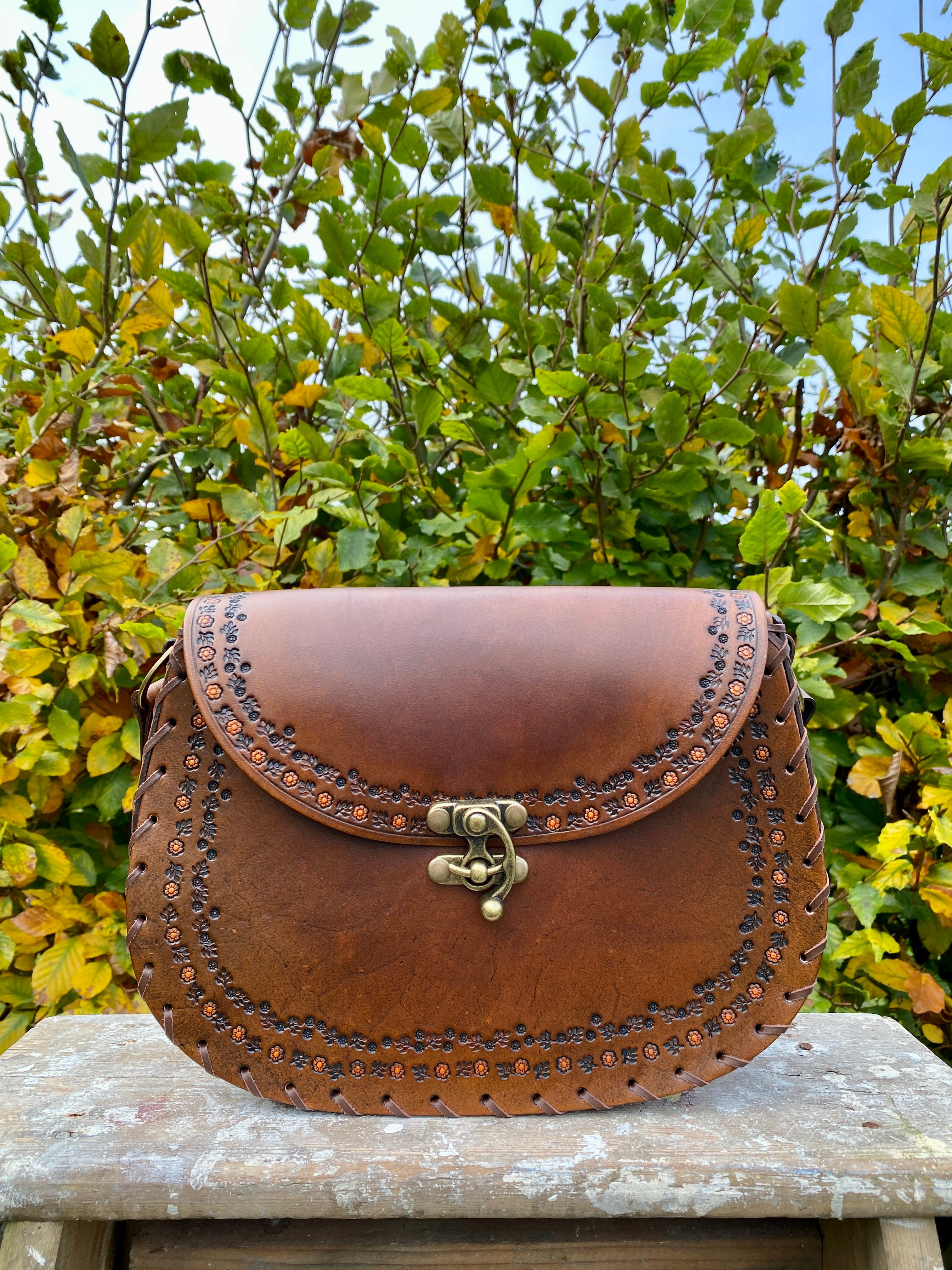 Shop the Elegant Jungle Leaf Cognac Vintage Leather Handbag