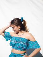 Blue floral flower off shoulder top