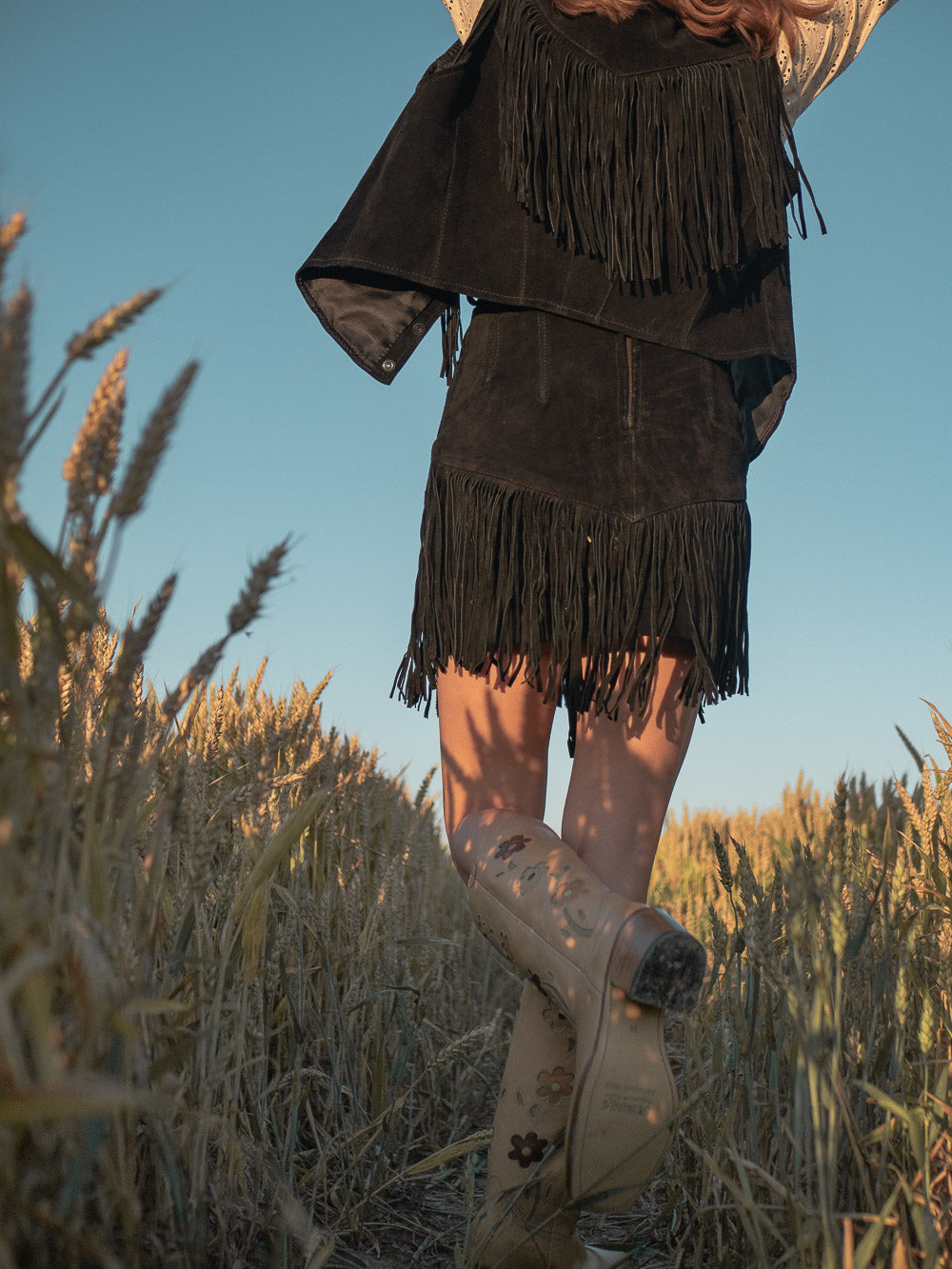 Vintage leather cowboy fringe set black